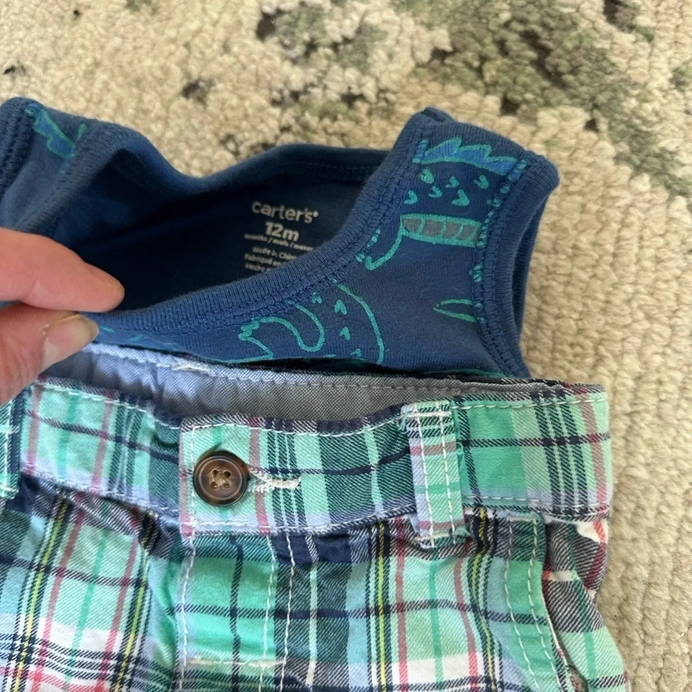 Carter’s 12 Month Retro Baby Boy Summer Outfit Plaid Shorts & vibrant Dino top